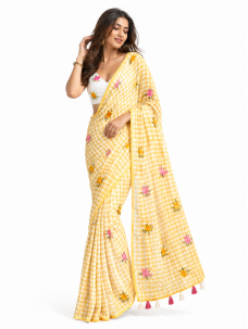 Checks Print Yellow Color Floral Print Indian Saree