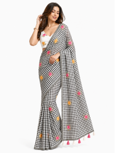 Checks Print Grey Color Floral Print Indian Saree
