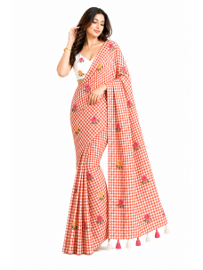 Checks Print Orange Color Floral Print Indian Saree