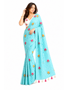 Checks Print Sea Green Color Floral Print Indian Saree