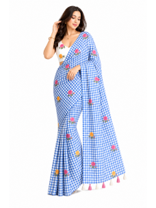Checks Print Blue Color Floral Print Indian Saree