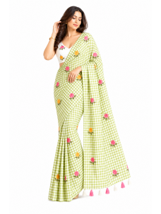 Checks Print Green Color Floral Print Indian Saree
