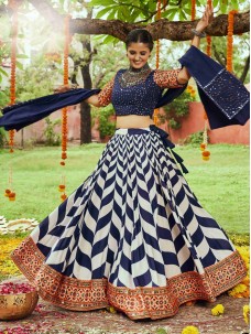White and Navy Color Combination Indian Lehenga