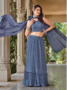 Blue Color Foil Print Fancy Lehenga Suit