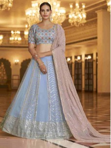 Sky Dusty Pink Color Indian Lehenga