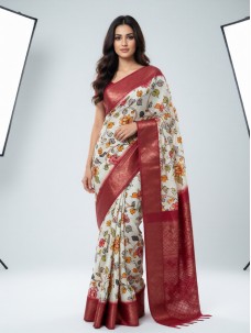 Flower Print White Color Saree