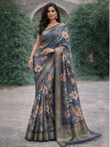 Grey Color Flower Print Saree