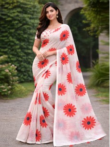 Red Flower Print Party Wear Saree