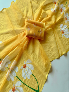 Yellow Linen Cotton Saree with Stylish Floral Prints