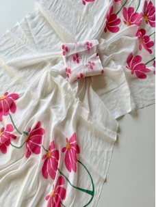 Most Beautiful White and Red Flower Linen Saree