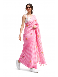 Checks Print Pink Color Floral Print Indian Saree