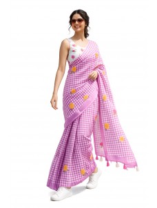 Checks Print Purple Color Floral Print Indian Saree