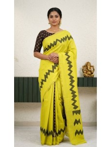 Cotton Linen Printed Yellow Color Beautiful Saree