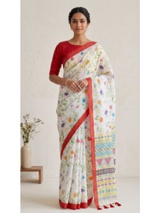 Flower Print Stylish Cotton Linen Saree
