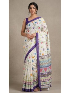 Flower Print Stylish Cotton Linen Saree
