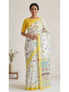 Flower Print Stylish Cotton Linen Saree