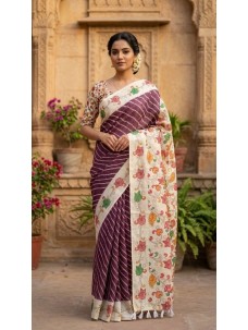 Cotton Linen Traditional Print Indian Stylish Indian Saree
