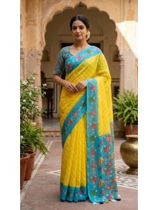 Yellow Color Cotton Indian Saree 