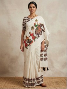 Off White Color Elephant Print Indian Saree