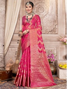 Rani Pink Color Oraganza Jacquard Indian Saree