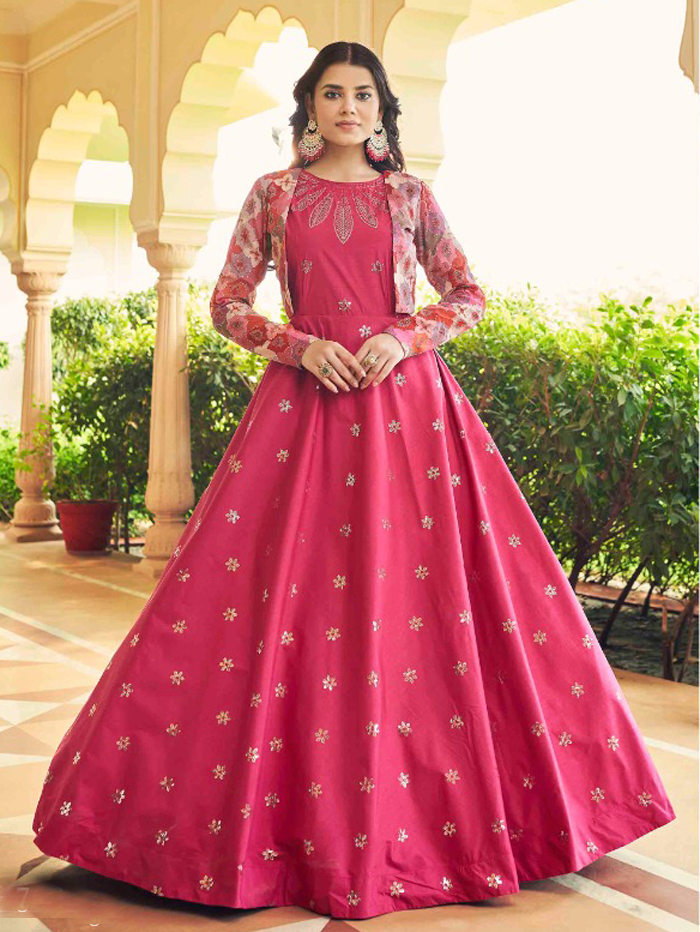 Pink Overlap Silk Readymade Indian Gown 174GW03