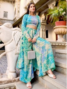 Sky Color Print Silk Work Three Peace Suit Set