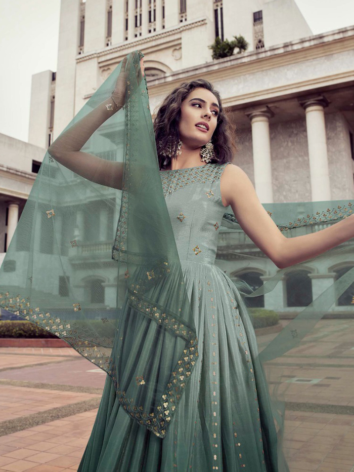 Buy ISHIN Women Cotton Pista Green Embroidered Flared Dress online