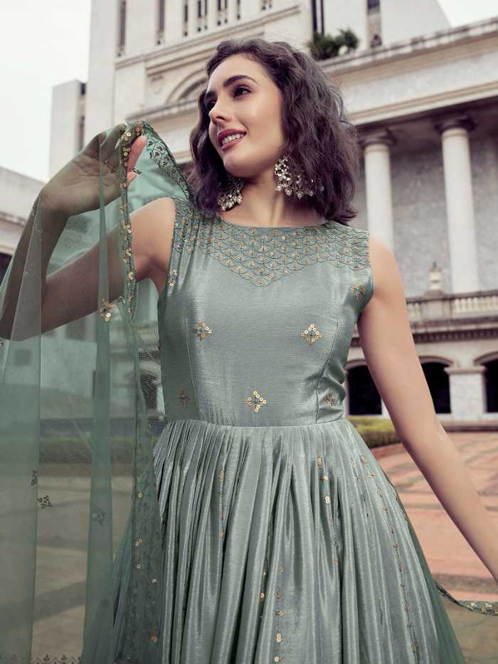 Buy Pista Green Chinon Hand Work Printed Dresses And Gown Party Wear Online  at Best Price | Cbazaar